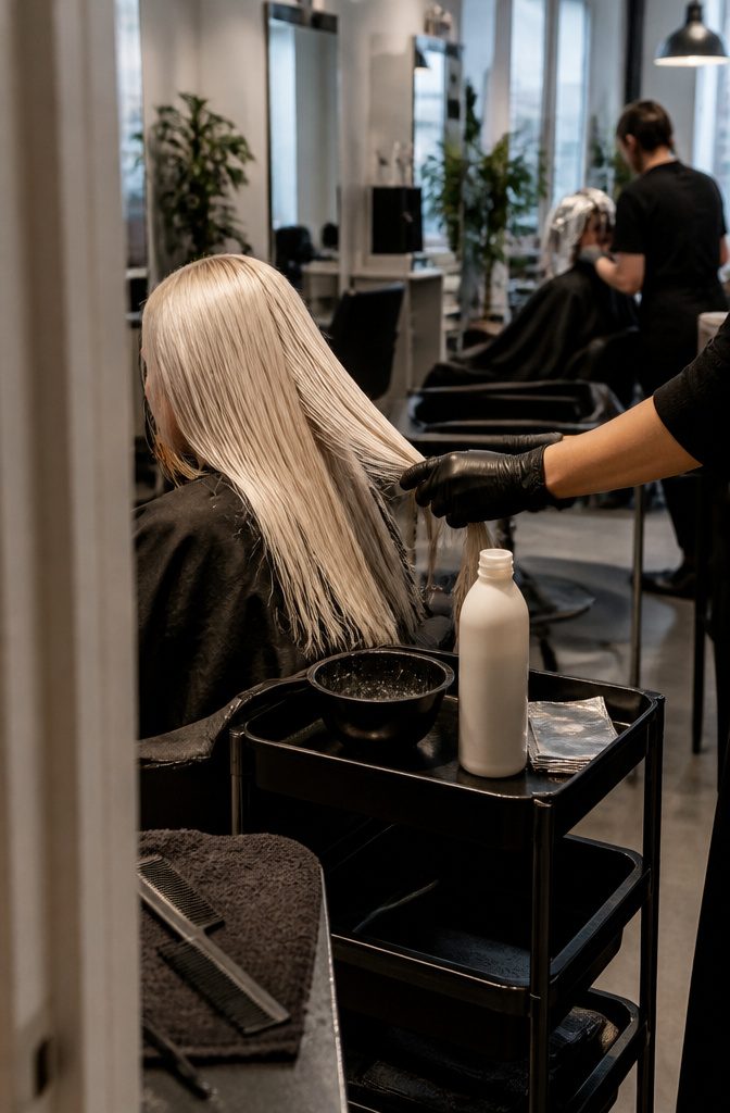 Colorist applying repair treatment through pale platinum hair over a dark cape