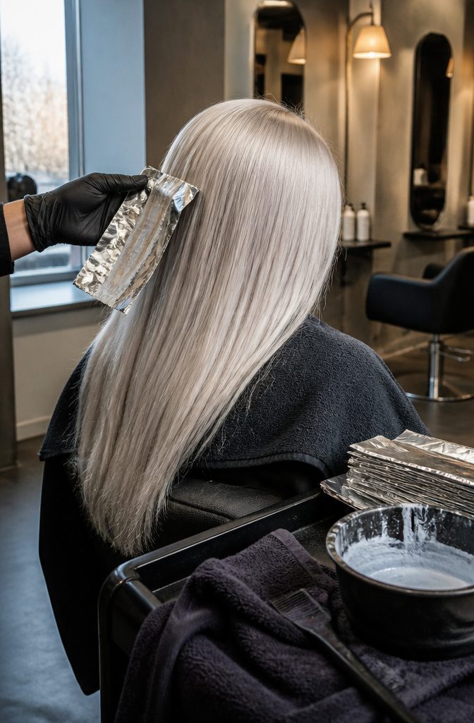 Platinum card hair in an even pale blonde shade