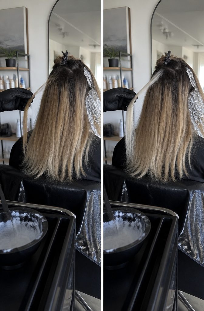 Platinum card hair with dark roots and uneven lighter sections