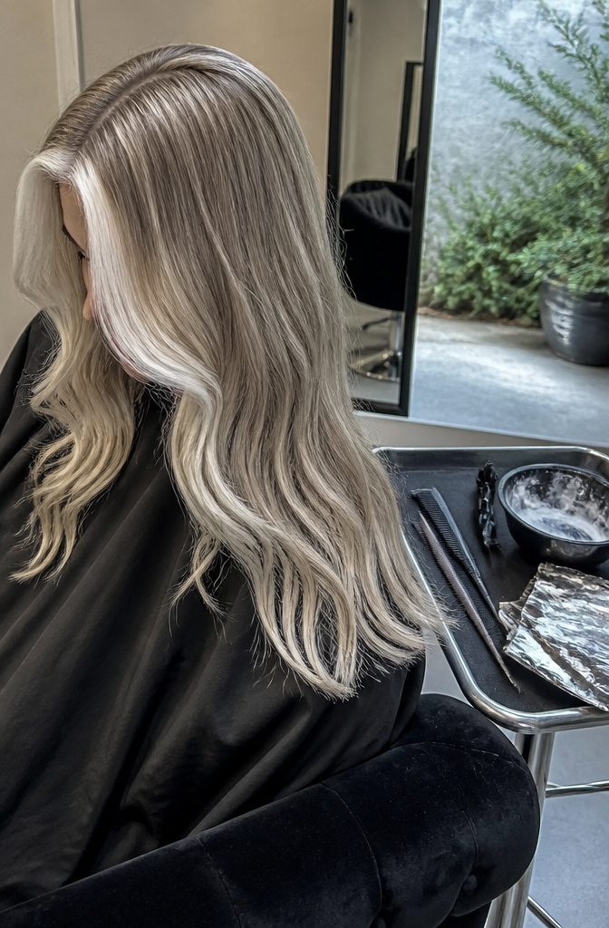 Ash blonde hair with two bright platinum money piece panels