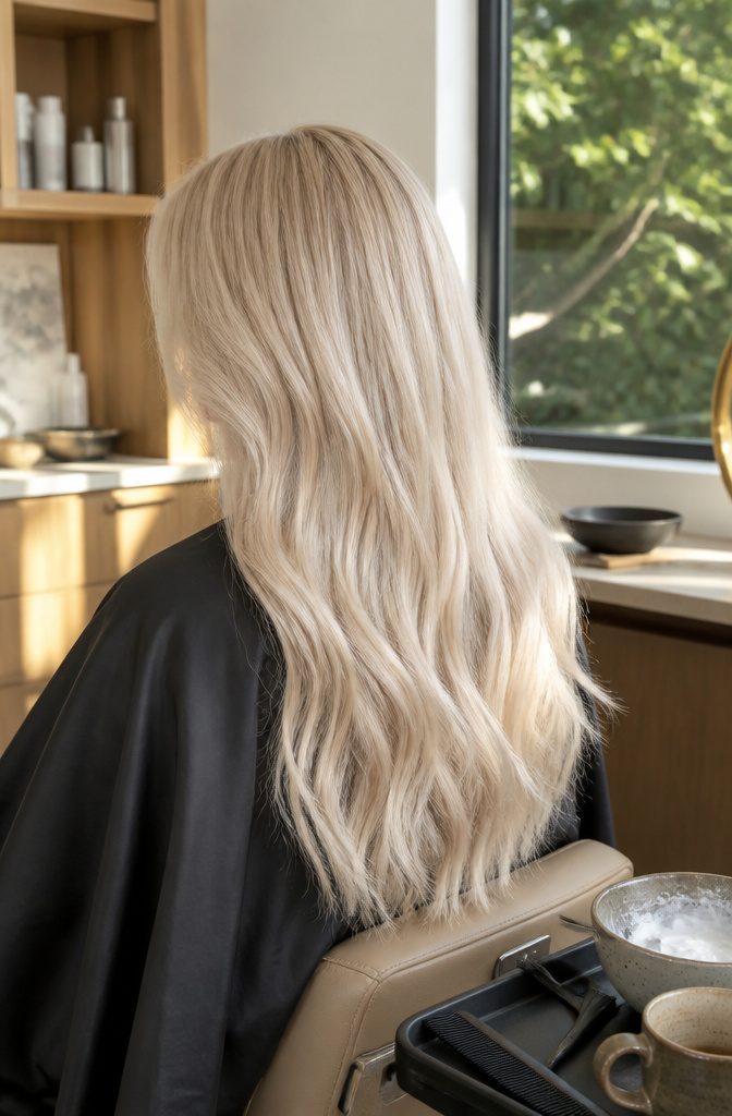 Champagne platinum hair with a soft gold tint through pale blonde lengths
