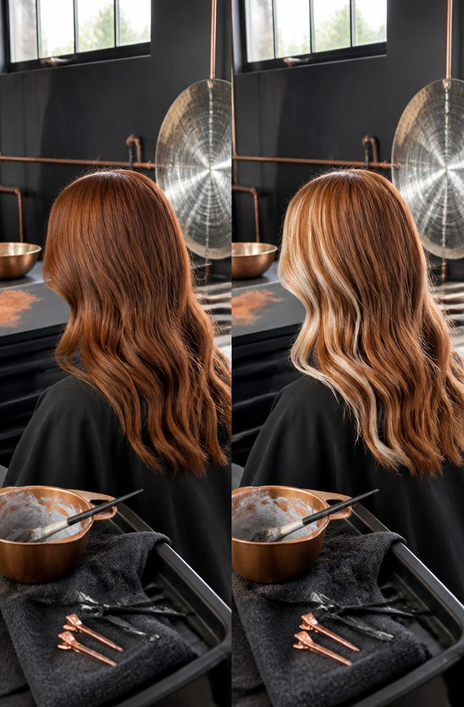 Copper hair with pale icy highlights around selected sections