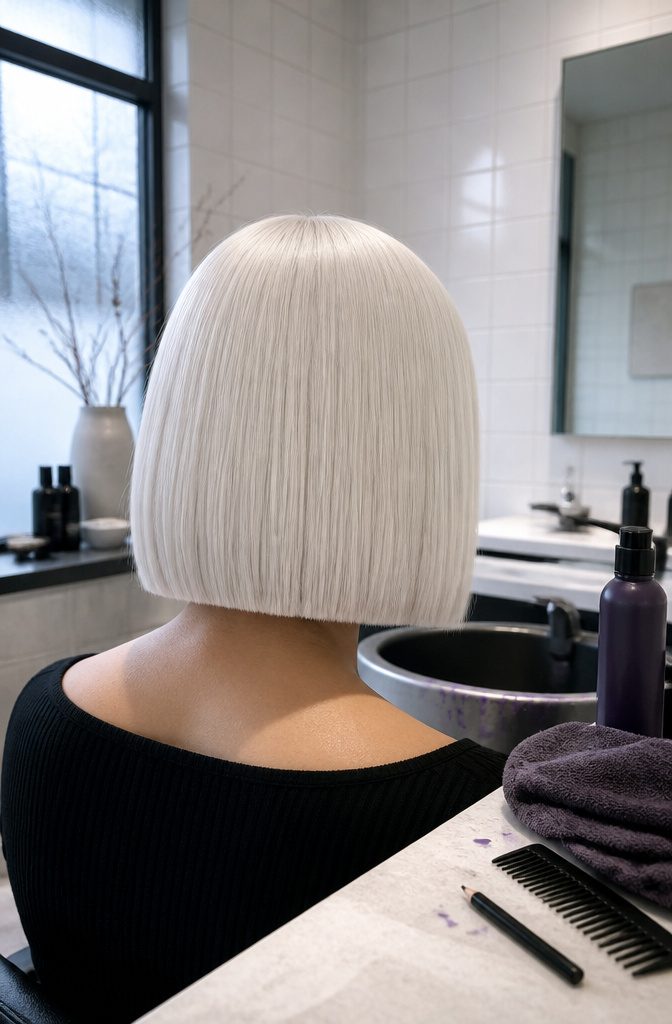 Ice blonde bob with pale color from roots through blunt ends