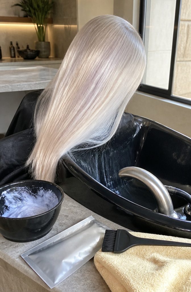 Pearl blonde hair near a lightener bowl with iridescent pale strands