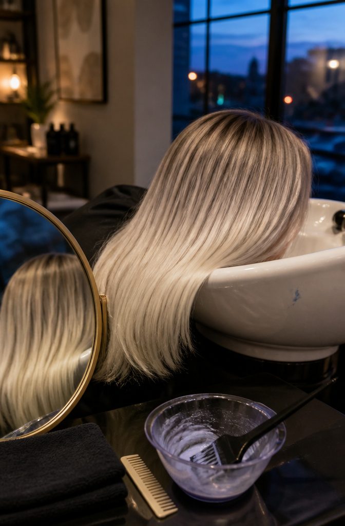 Platinum color melt blending ashy roots into pale ends