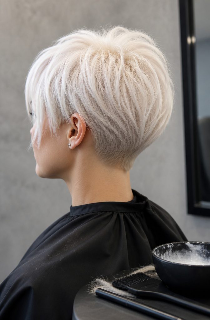 Platinum bixie haircut with short pale layers and dark eye makeup