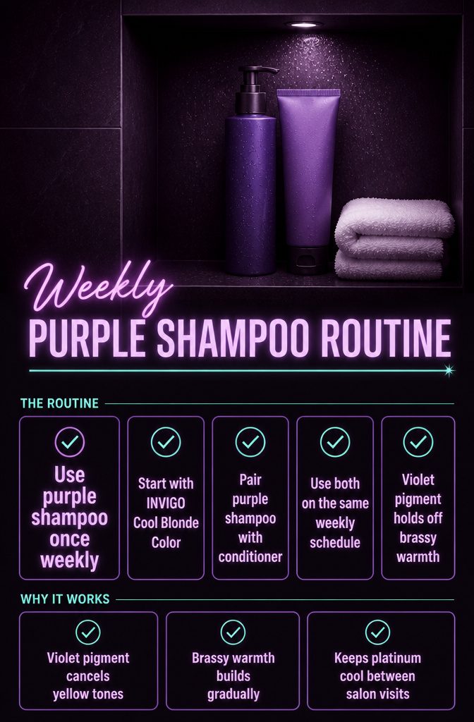 Purple shampoo and conditioner arranged for platinum hair care