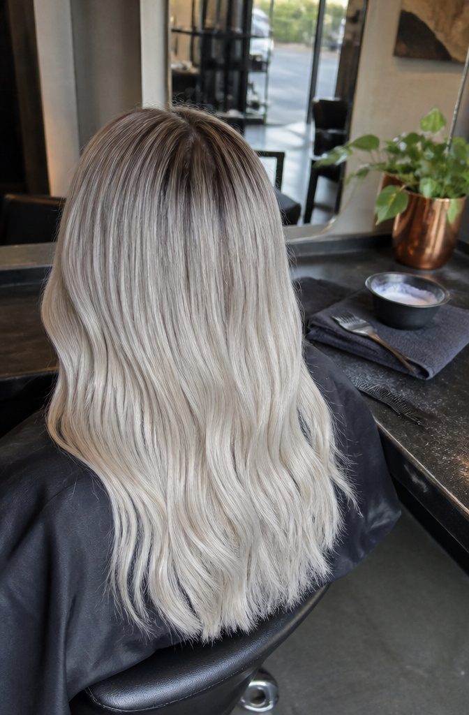 Rooted platinum hair with a powdery shadow fading into pale lengths