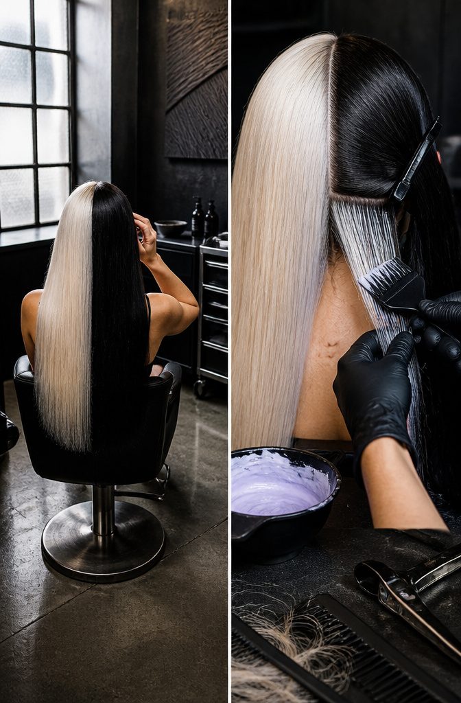 Split dyed hair with platinum on one side and dark color on the other