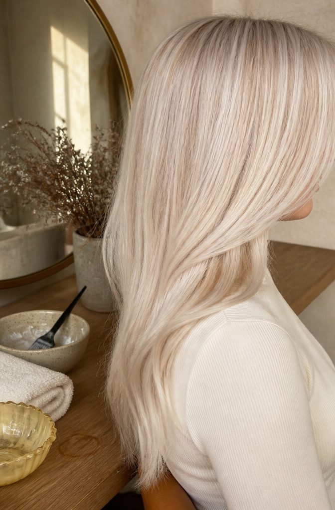 Vanilla platinum hair with creamy beige lengths over one shoulder