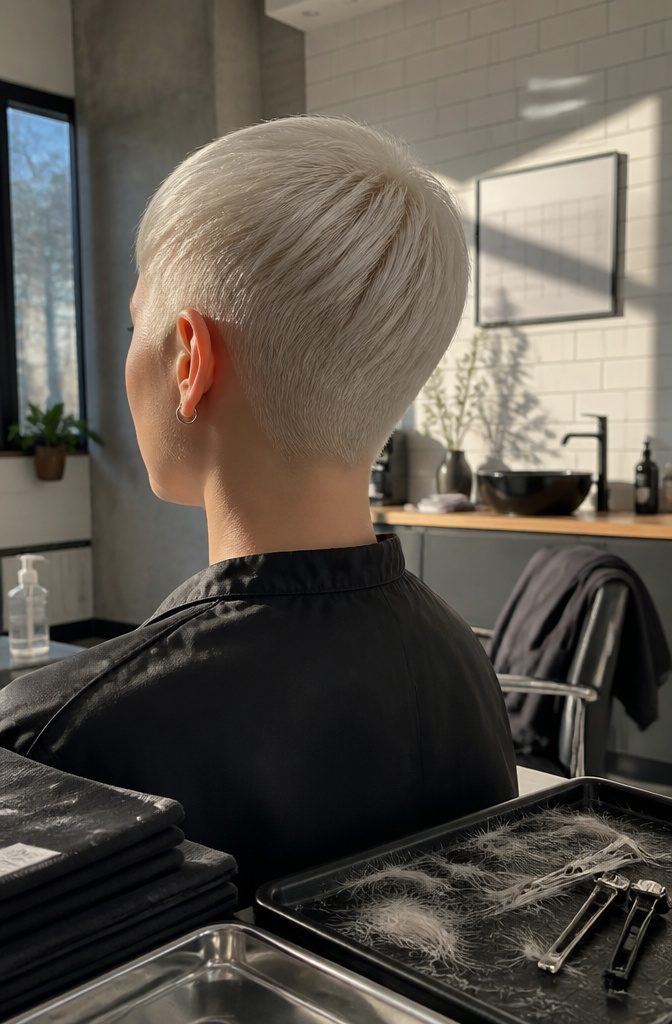 Close platinum pixie crop with neat sides and little crown volume