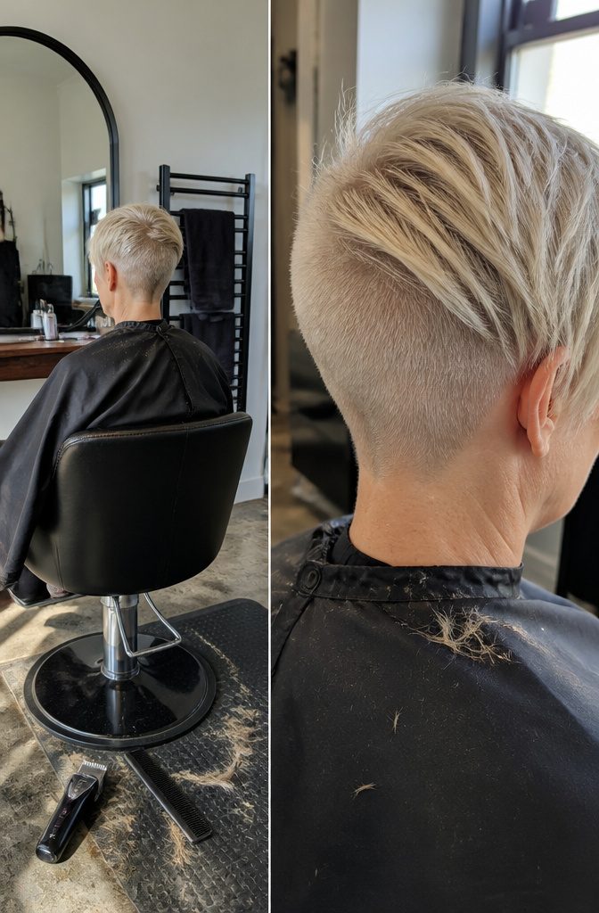 Bleached blonde pixie with shaved undercut and longer top