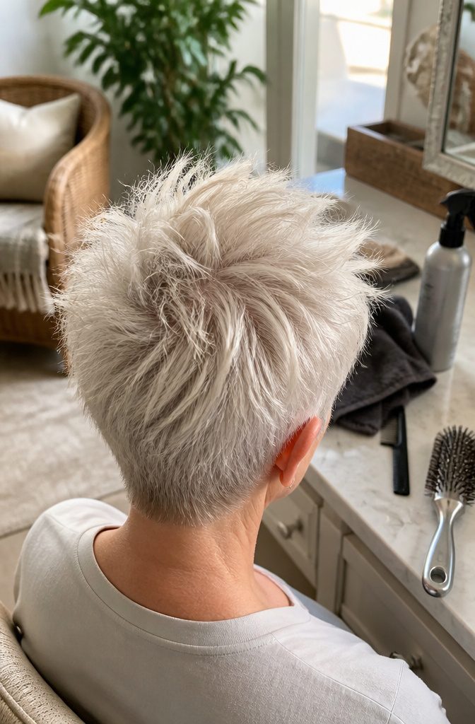 Choppy platinum pixie with lifted roots and short spiky layers
