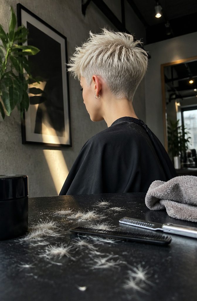 Edgy platinum pixie with close sides and a longer textured top