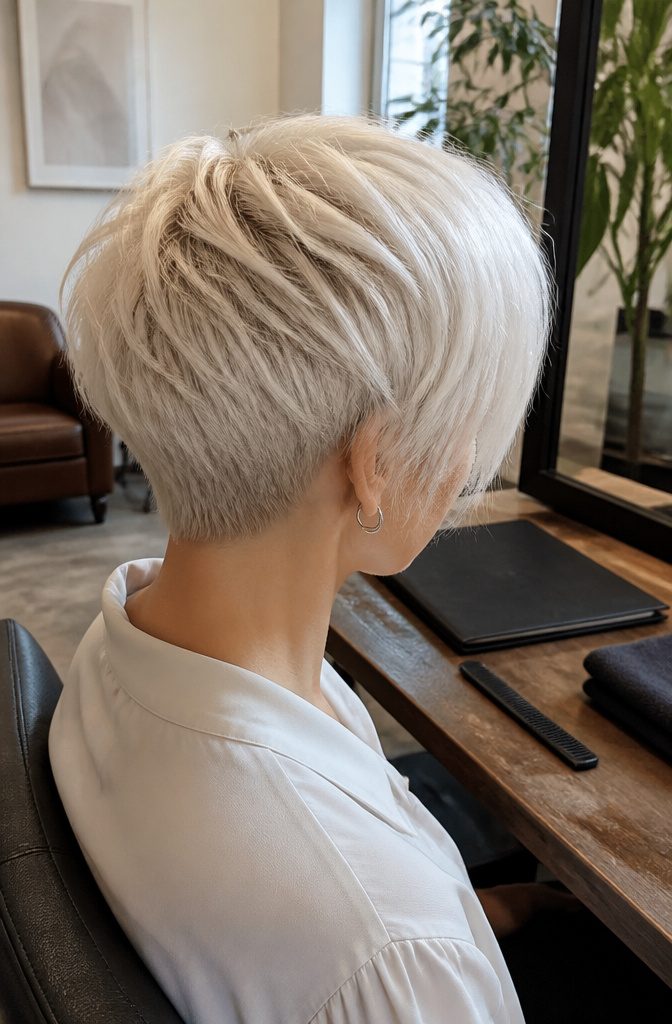 Icy blonde pixie with fine side-swept bangs across the forehead