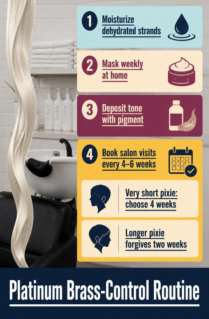 Beauty information graphic listing a platinum hair brass-control routine