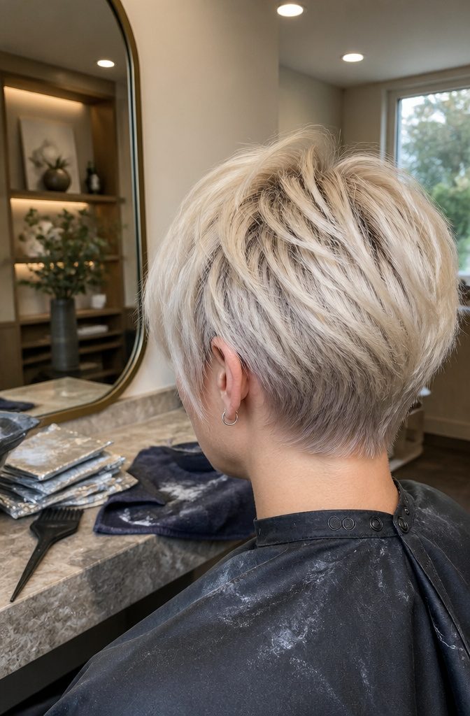 Layered platinum pixie with a deeper root smudge and wispy perimeter