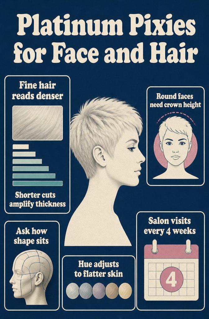 Beauty information graphic about platinum pixies for face shapes and hair types