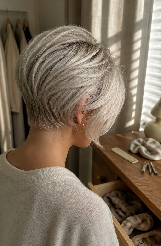 Platinum bixie with longer crown hair and bangs above a short back