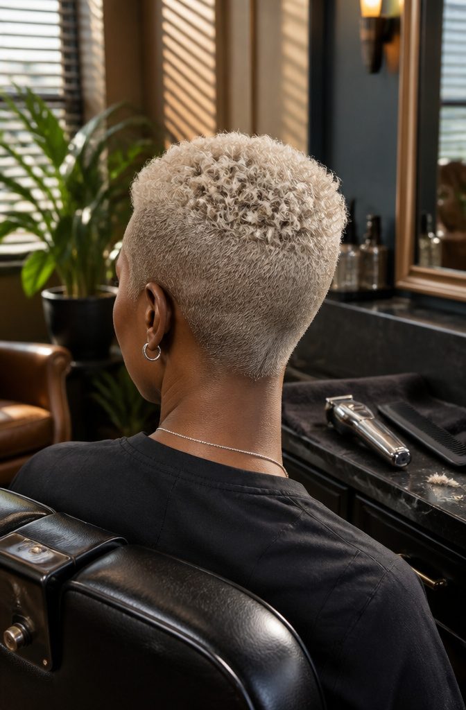 Platinum buzzed pixie with short relaxed curls and close sides