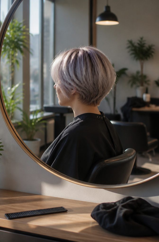 Chin-length platinum-gray bob with curtain bangs and violet undertones