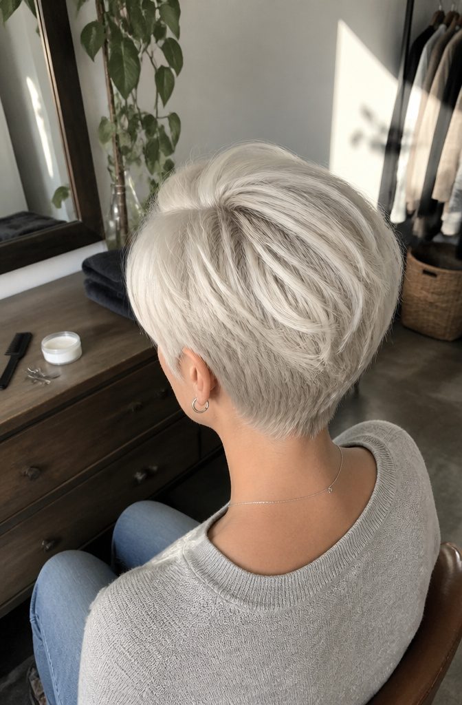 Platinum long pixie with a deep side part and swept-over top