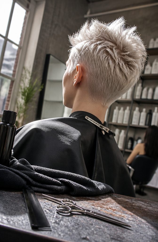 Platinum pixie with spiky top and closely clipped sides