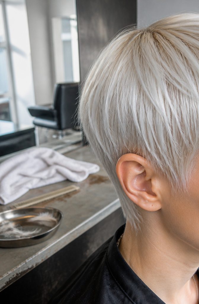 Platinum pixie with tiny straight bangs and hair cropped above the ears