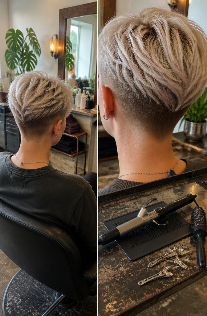 Platinum pixie with close tapered sides and layered crown