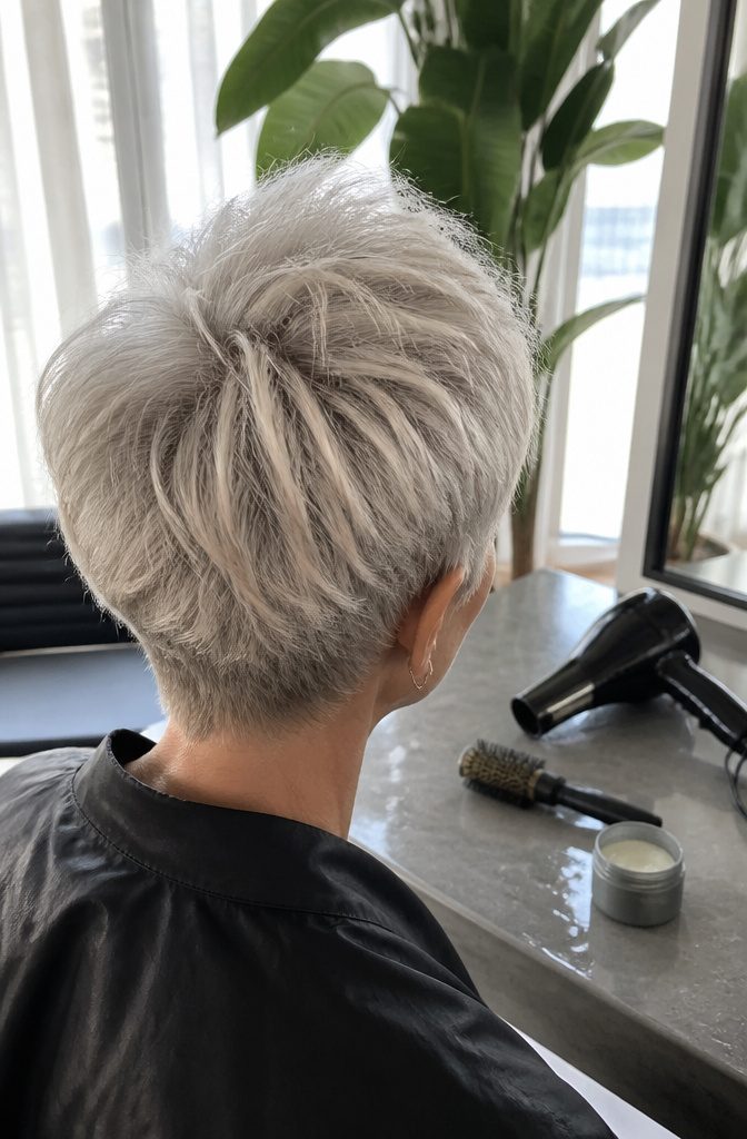 Platinum pixie with separated textured layers rising at the crown