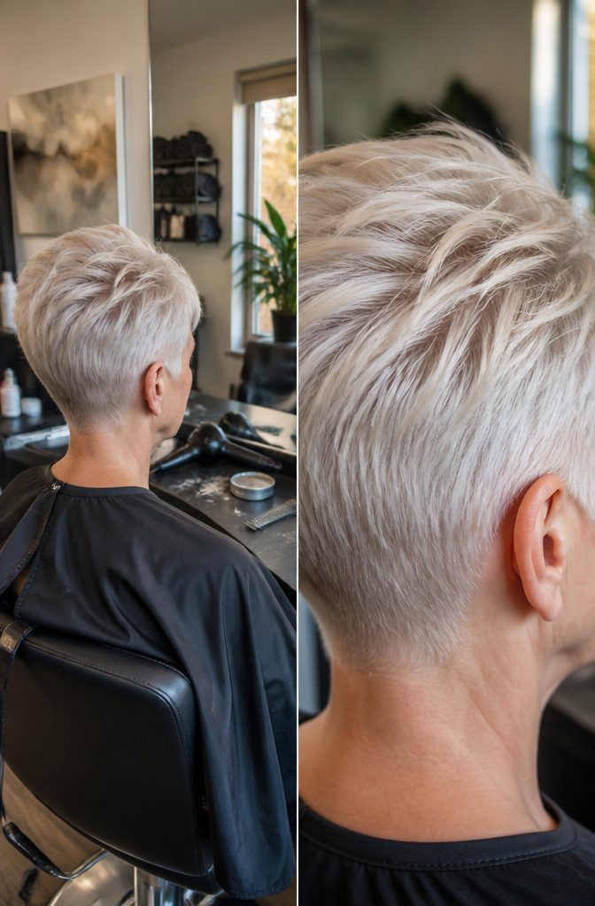 Platinum pixie with tapered sides and textured hair on top
