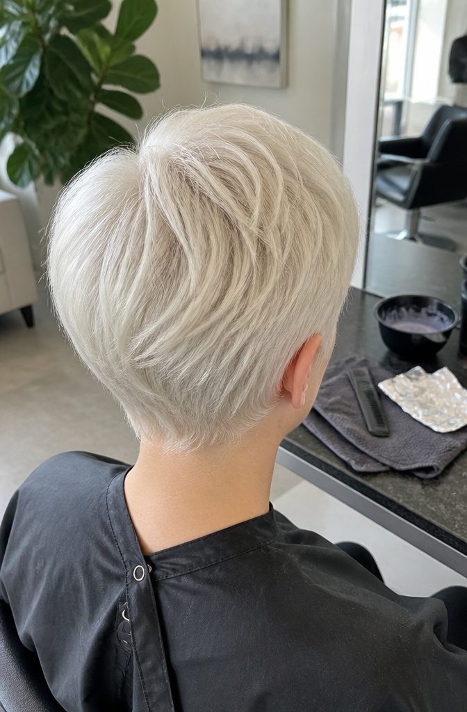 Cropped pixie with pale white-blonde hair and a short fringe