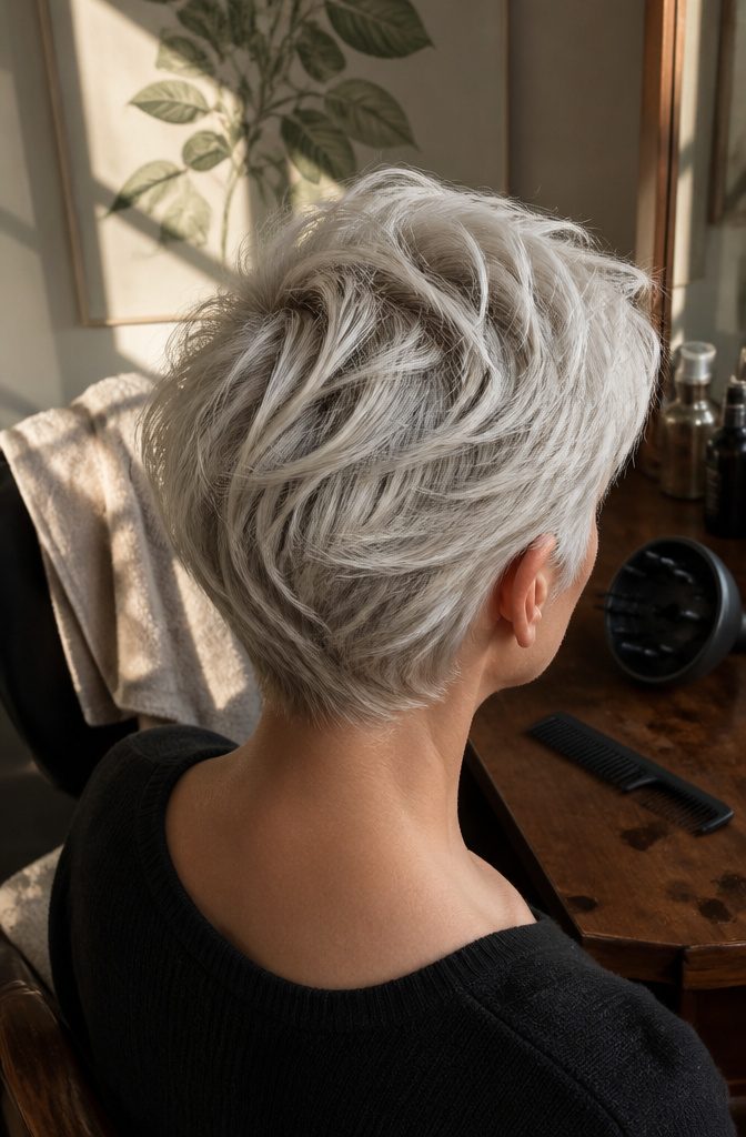Platinum pixie with short tousled layers across the crown