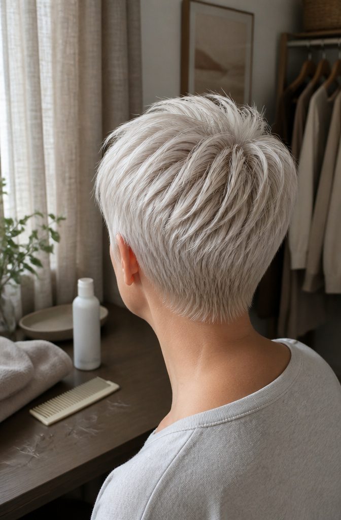 Short pixie with an ashy near-white platinum shade