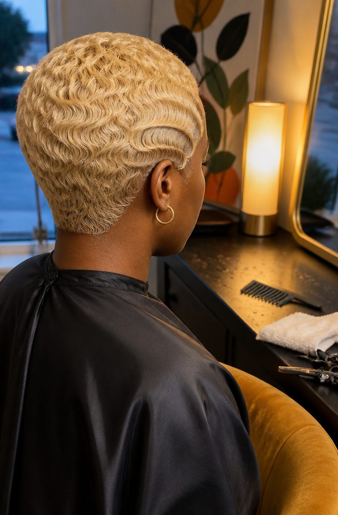 Short blonde pixie with natural waves and a sculpted finger wave