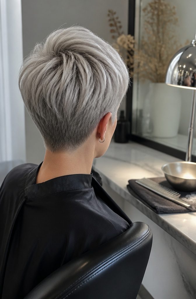 Straight pixie with a full crown and platinum-gray hair