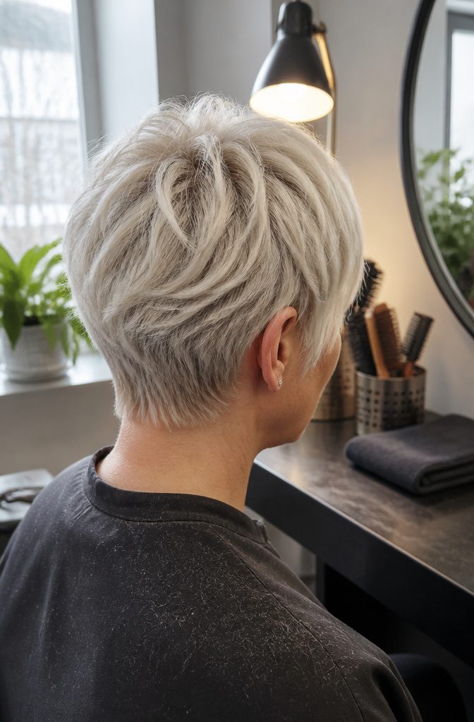 Icy platinum pixie with feathery crown layers and close sides