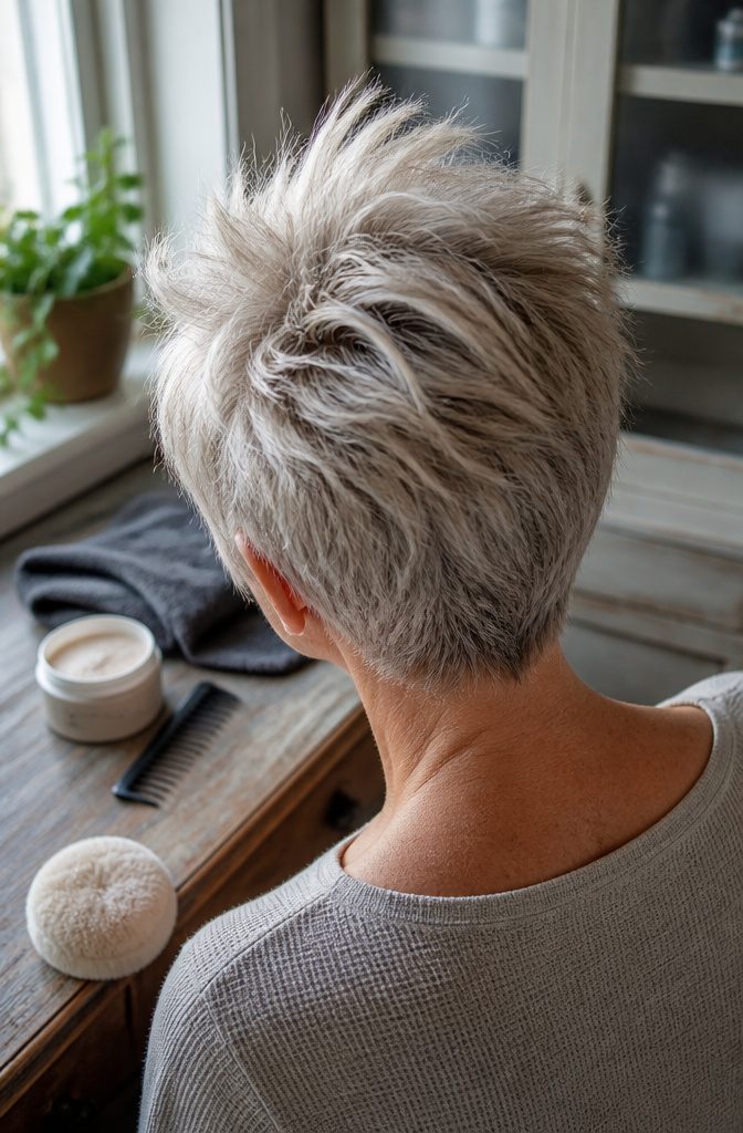 Short messy pixie with cool titanium-blonde textured layers