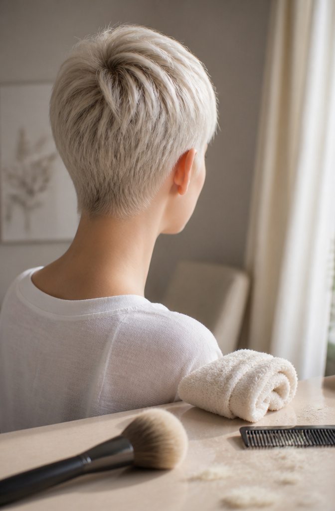 Very short platinum pixie with soft edges and a close shape