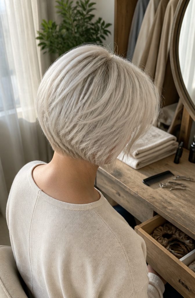 White-blonde pixie bob with bangs and softly curved sides