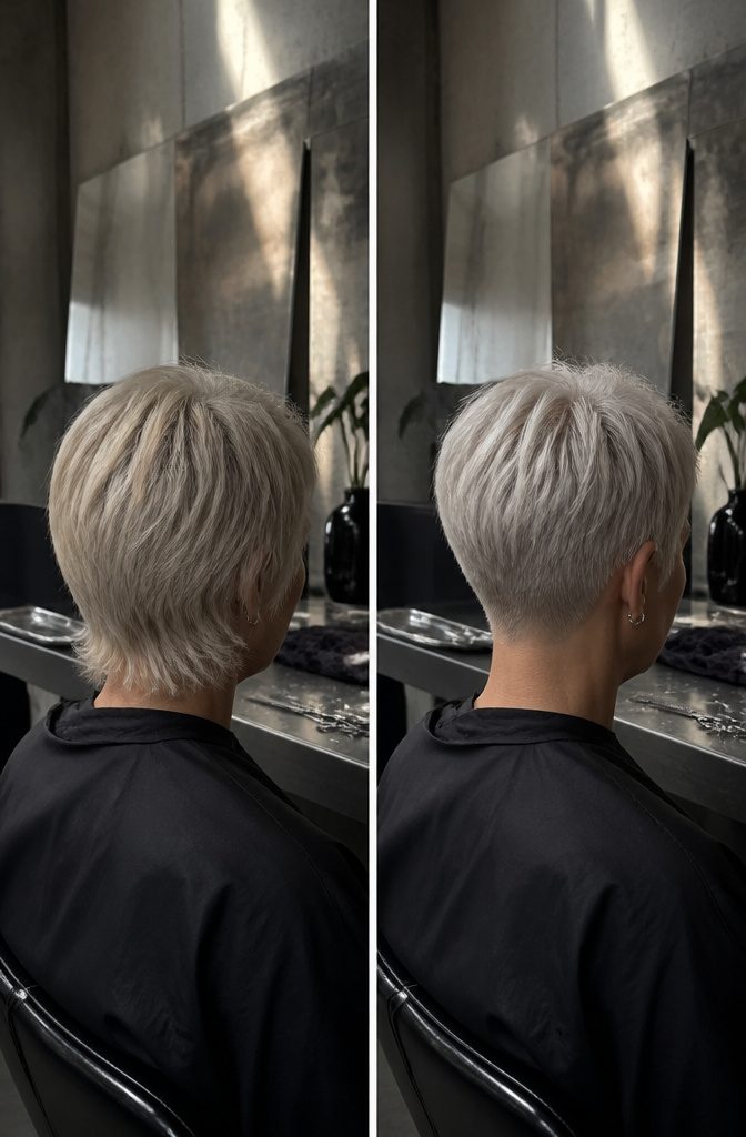 Short platinum crop with a bright metallic silver-blonde finish