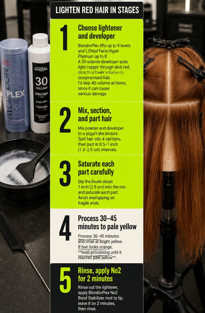 Beauty graphic with steps for lightening red hair
