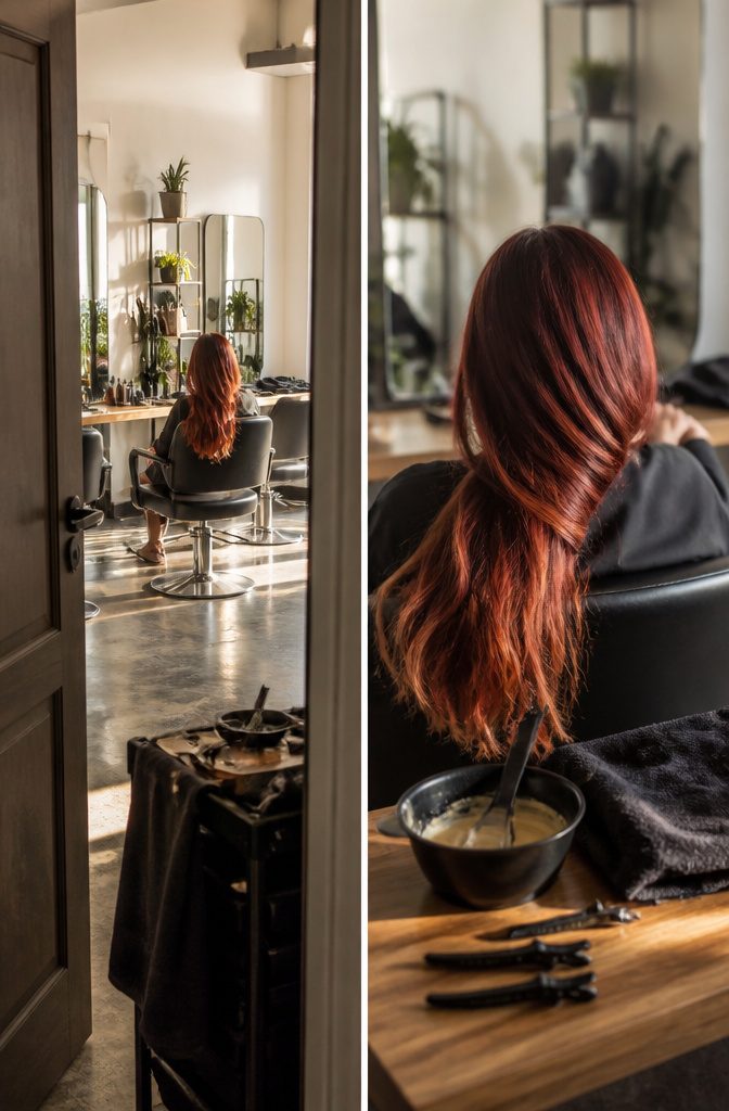 Hair showing a gradual color change from red to blonde