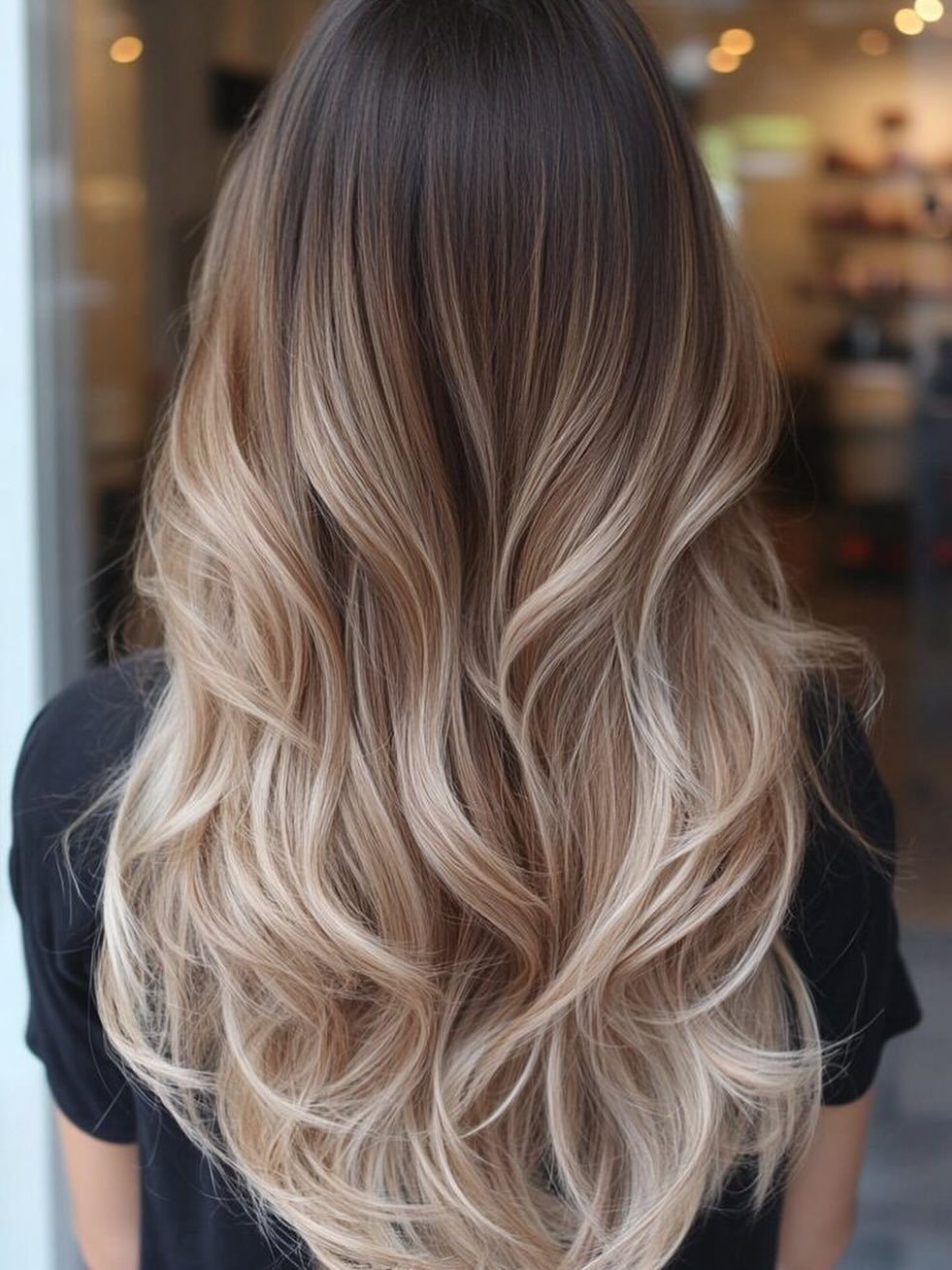 Long wavy hair transitions from dark brown roots to sandy blonde ends