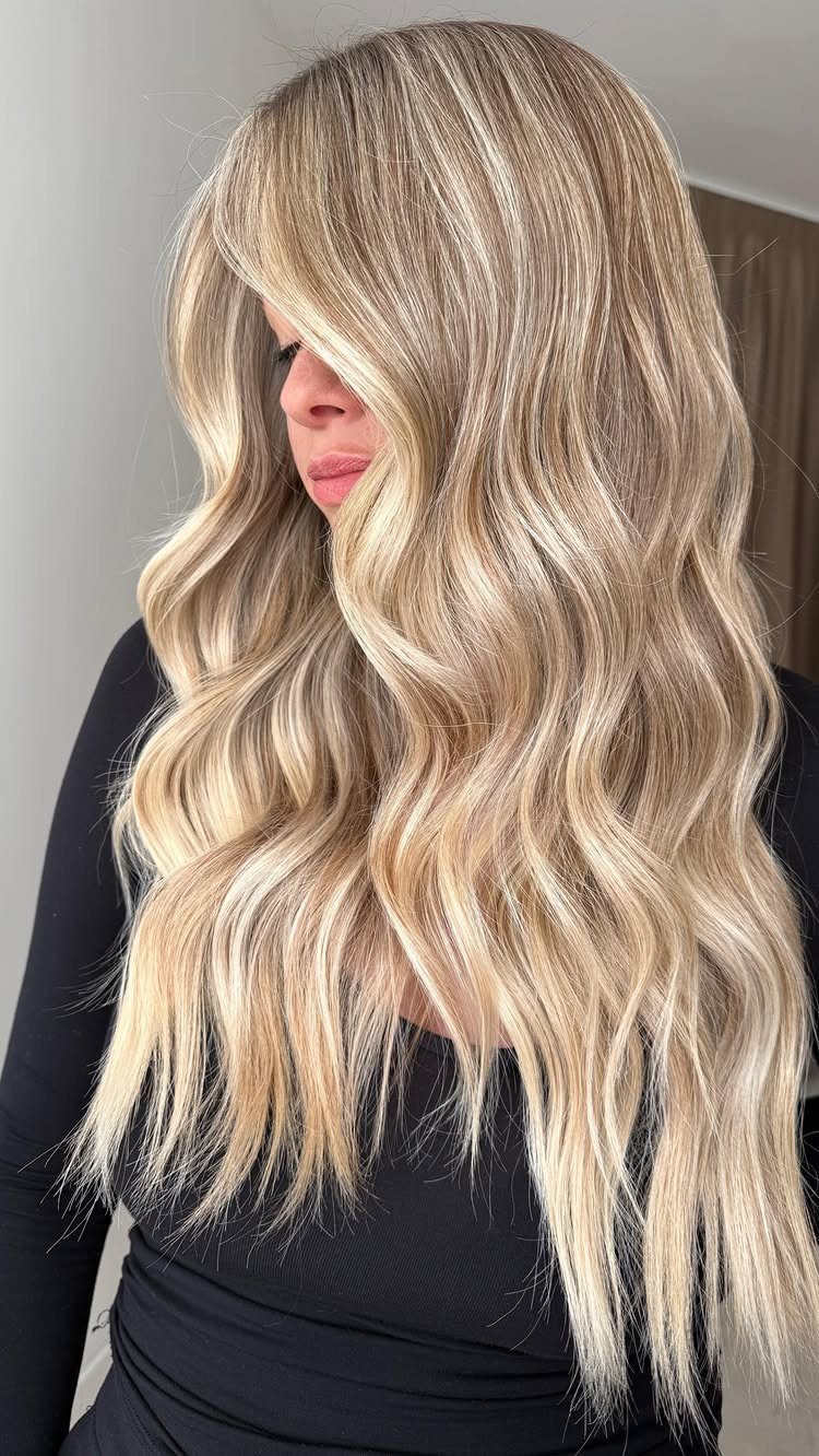 Woman with long wavy sandy blonde balayage and softly blended darker roots