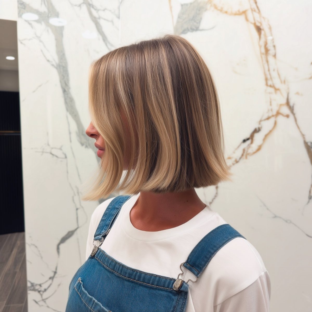Woman's bob blends natural brown roots with subtle beige blonde highlights