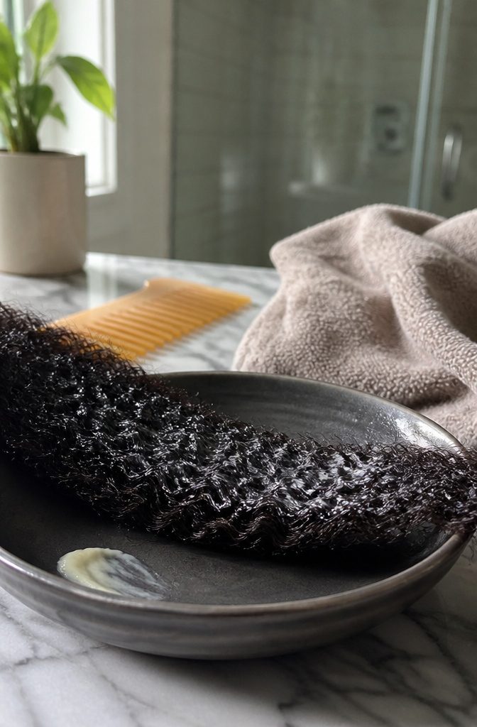 Coily hair across a dark ceramic dish coated with glossy shea butter