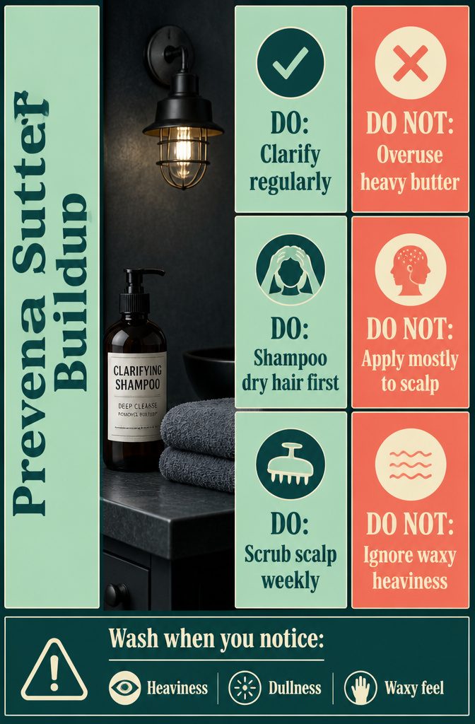 Clarifying shampoo beside hair with shea butter buildup