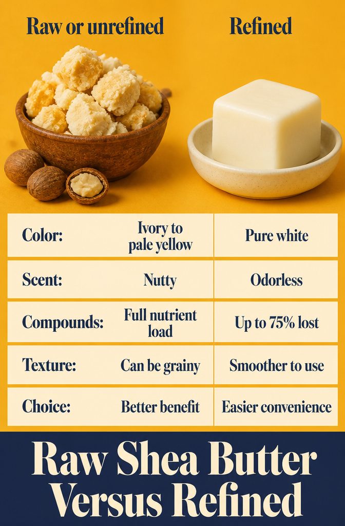 Ivory raw shea butter beside smooth white refined shea butter