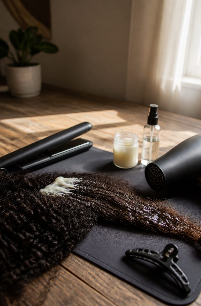 Shea butter applied to hair beside a heat protectant product